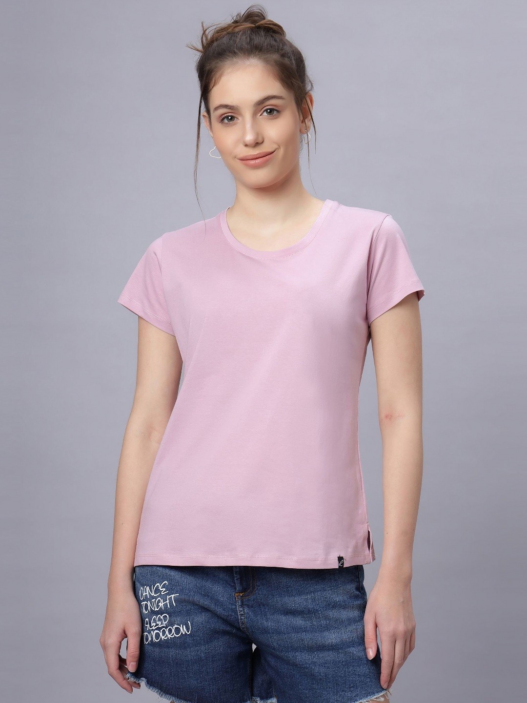 

QUIRA Round Neck Short Sleeves Regular Fit Cotton T-shirt, Pink
