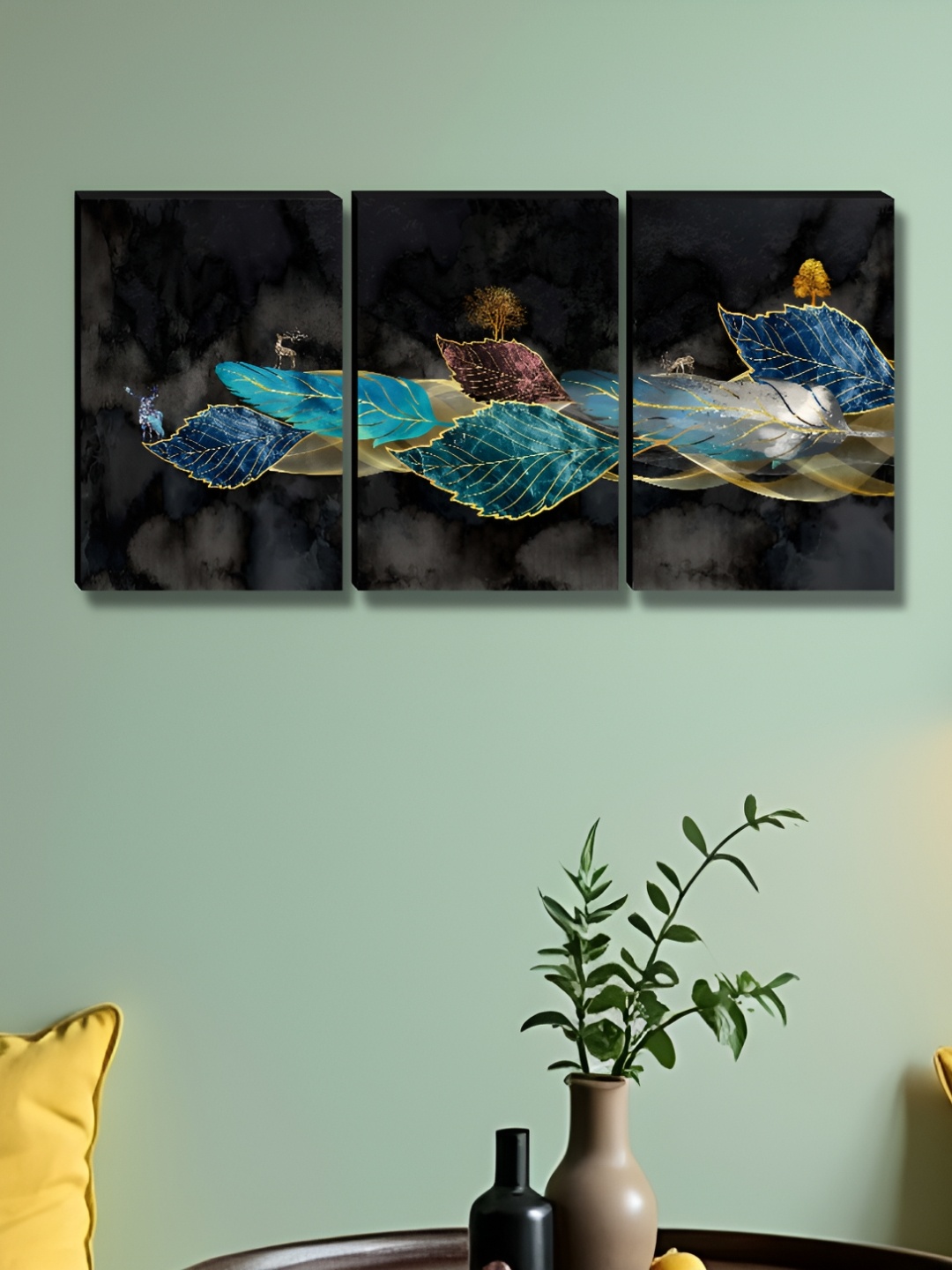 

Myntra Elegant Homes Blue & Black 3 Pieces Leaves Wall Art