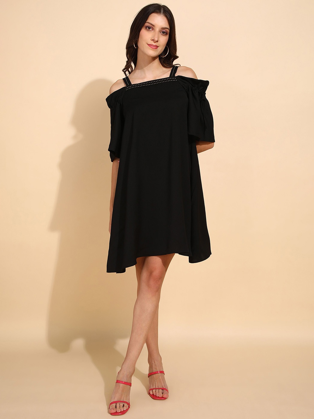 

DressBerry Women Shoulder Straps Cold-Shoulder Above Knee A-Line Dress, Black