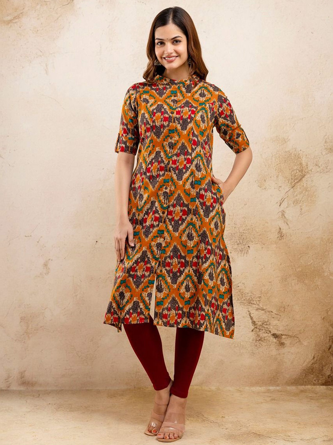 

TRIVEDI Ethnic Motifs Printed Pure Cotton Mandarin Collar A-Line Kurta, Mustard