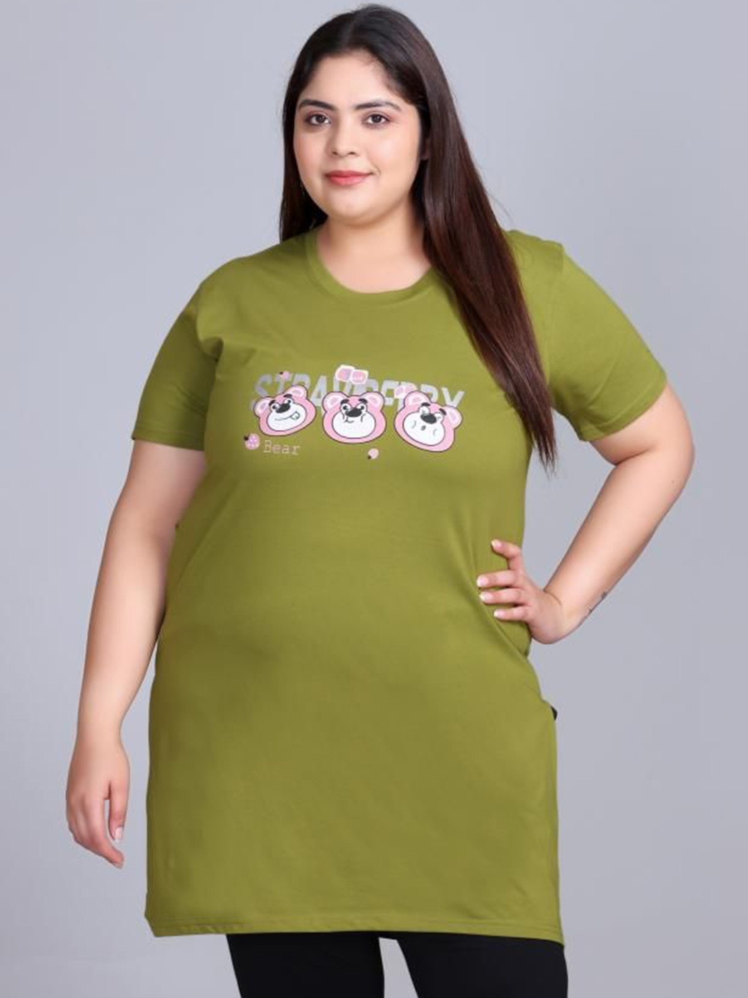 

IN Love Women Printed Plus Size Cotton Longline Lounge Tshirts, Olive