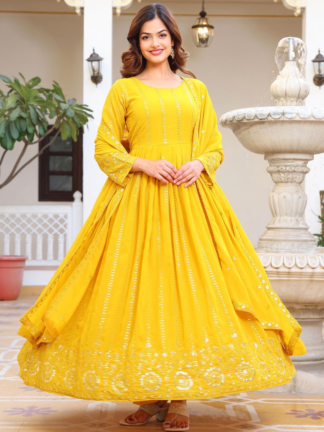 

KALINI Embroidered Georgette Anarkali Kurta With Pyjamas And Dupatta, Yellow