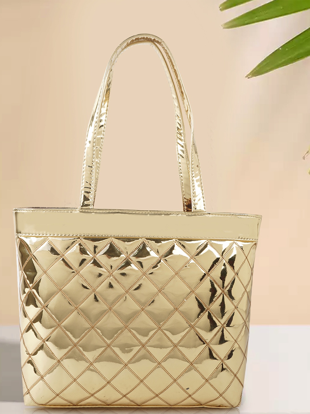 

STARWINGS Geometric Textured PU Shopper Quilted Tote Bag, Gold