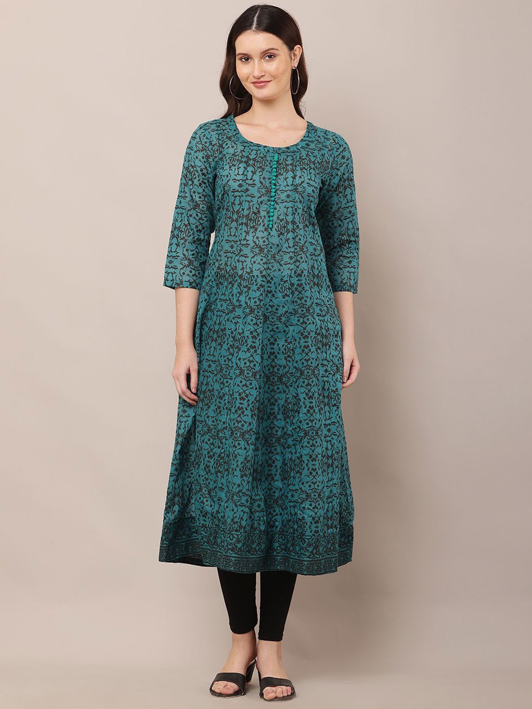 

EZIS FASHION Floral Printed Round Neck Pure Cotton Anarkali Kurta, Green