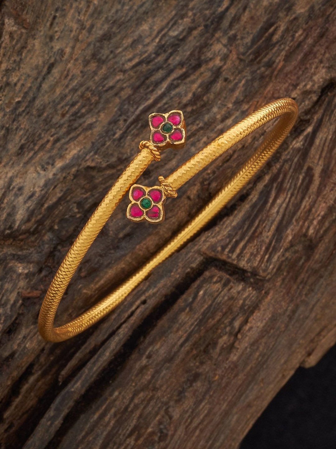 

Kushal's Fashion Jewellery Gold Plated Ruby-Green Stone Studded Ethnic Antique Kada Bangle