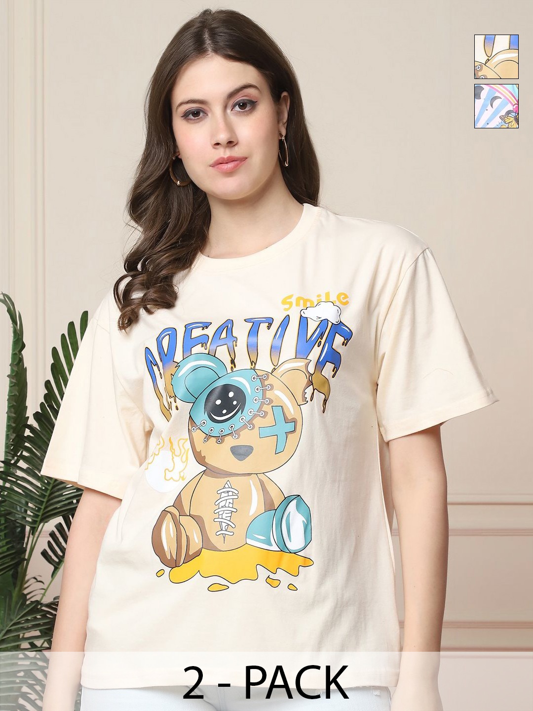 

Tromko Women Pack of 2 Graphic Printed Round Neck Cotton Relaxed Fit T-shirts, Blue