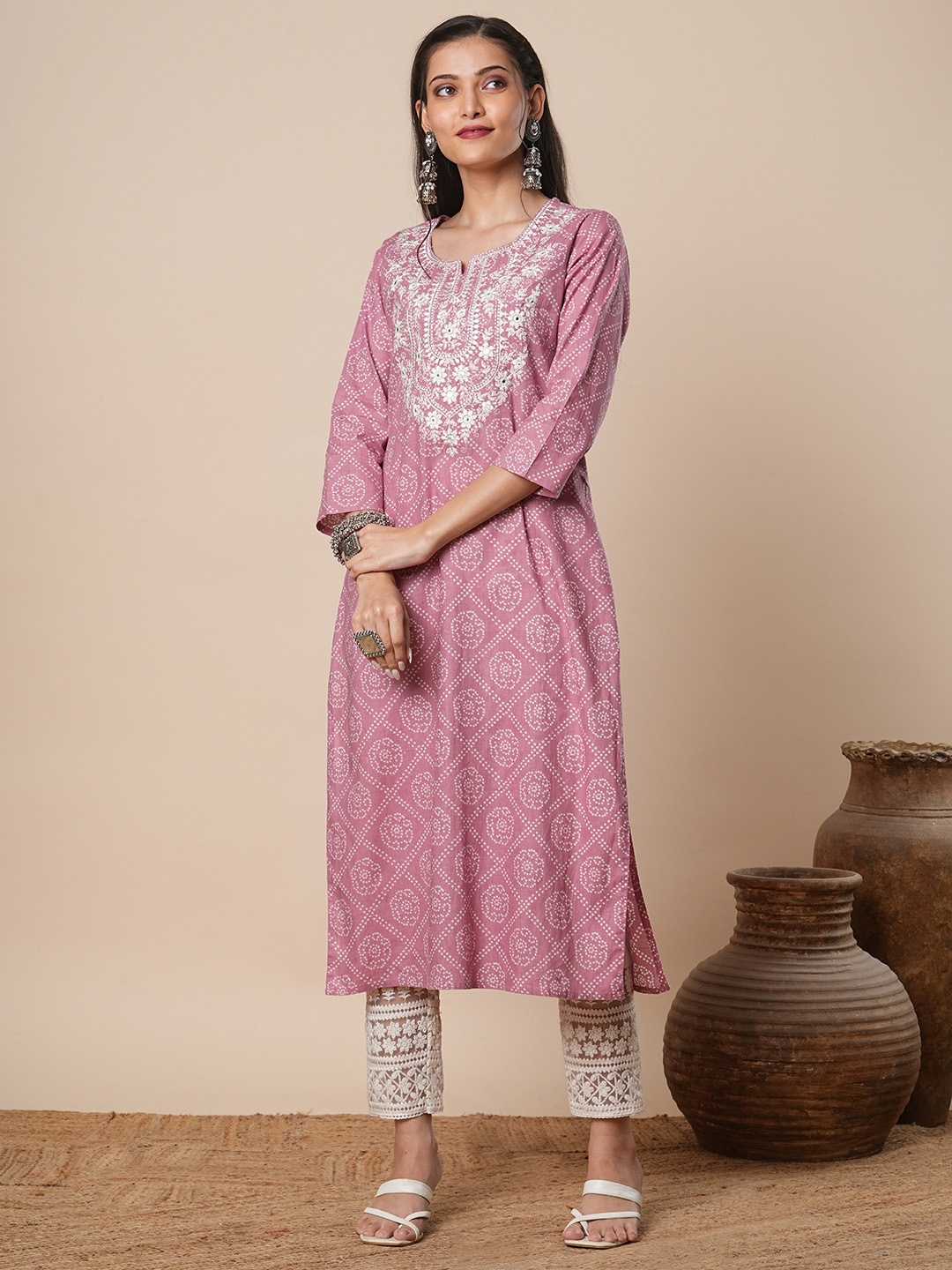 

FASHOR Bandhani Printed Notch Neck Mirror Work Pure Cotton Straight Kurta, Pink