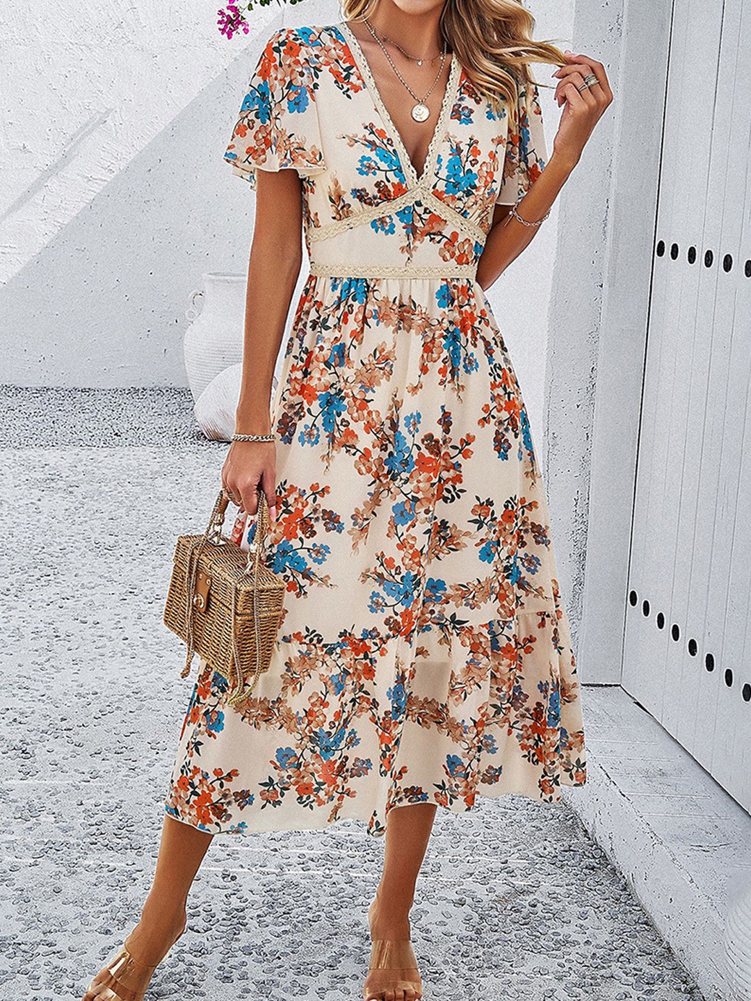 

Mast & Harbour Women Print V-Neck Flared Sleeves A-Line Dress, Cream