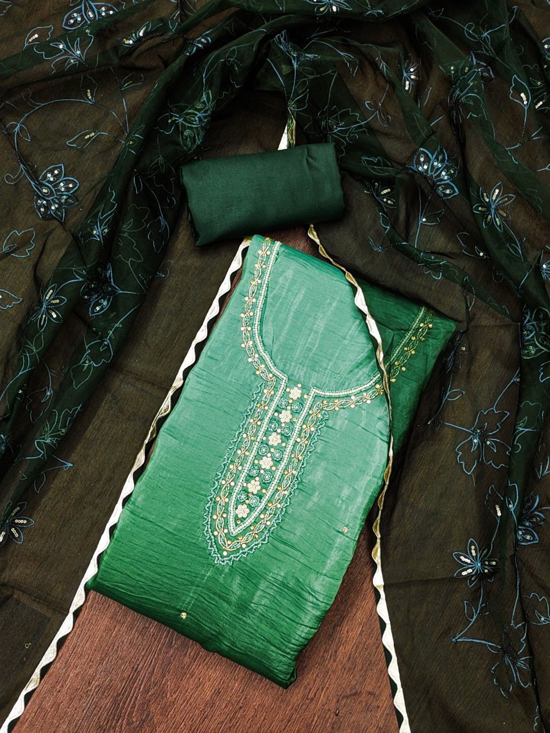 

SHADOW & SAINING Embellished Beads and Stones Pure Silk Semi-Stitched Dress Material, Green