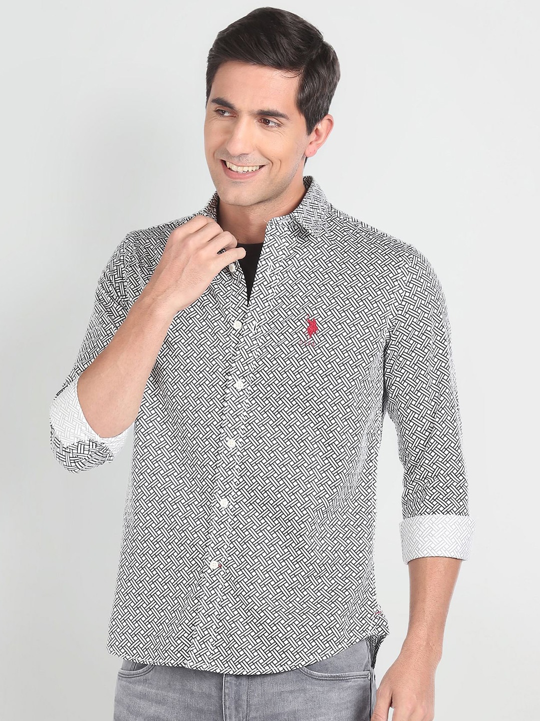 

U.S. Polo Assn. Denim Co. Geometric Printed Slim Fit Cotton Casual Shirt, White