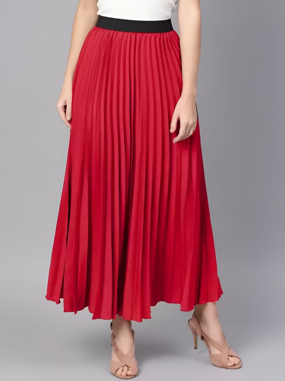 

OTABU Women A-Line Pleated Midi Skirt, Red