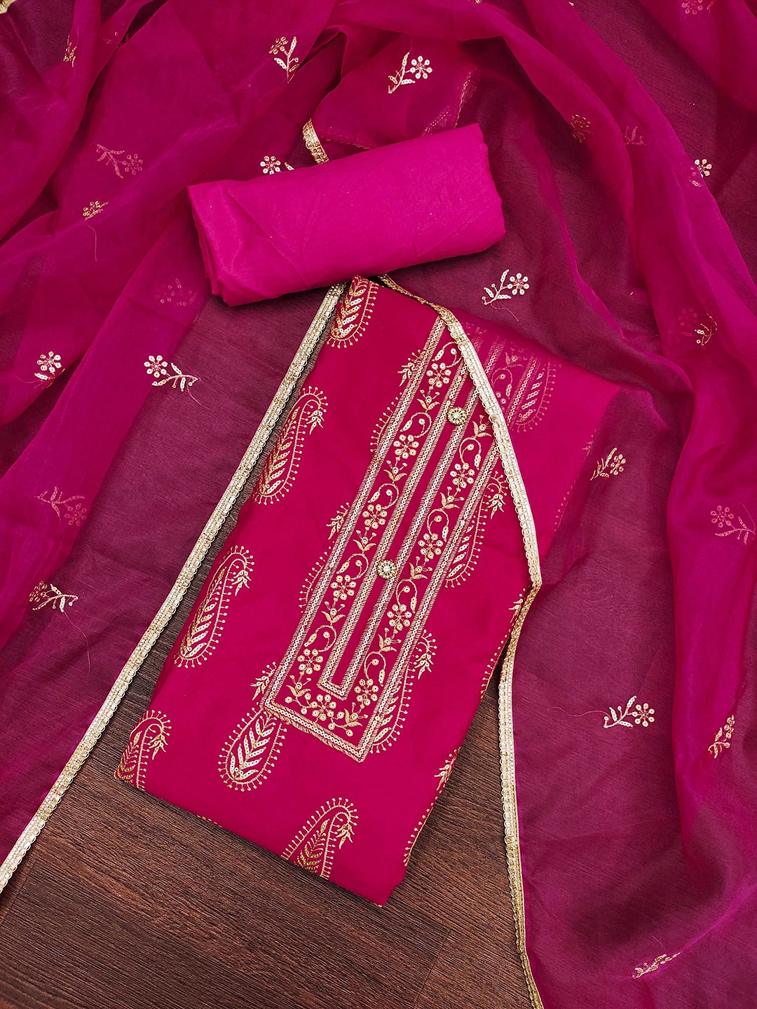 

SHADOW & SAINING Paisley Sequinned Embroidered Pure Cotton Semi-Stitched Dress Material, Pink