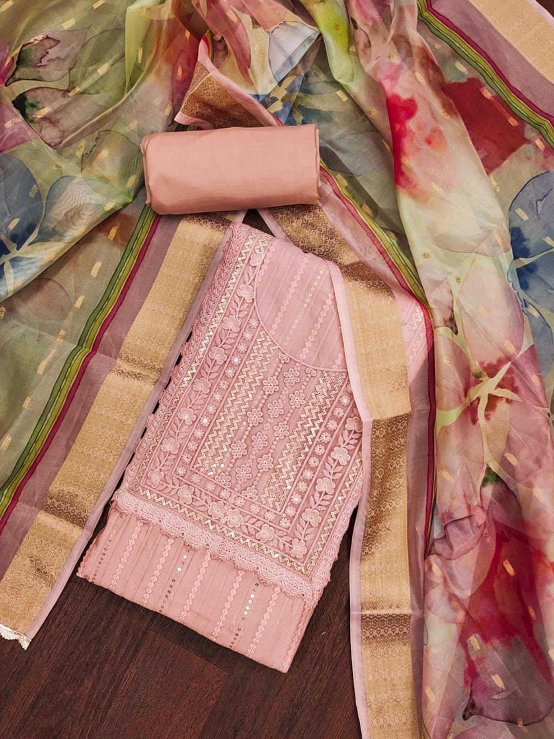 

SHADOW & SAINING Floral Embroidered Thread Work Pure Cotton Semi-Stitched Dress Material, Peach