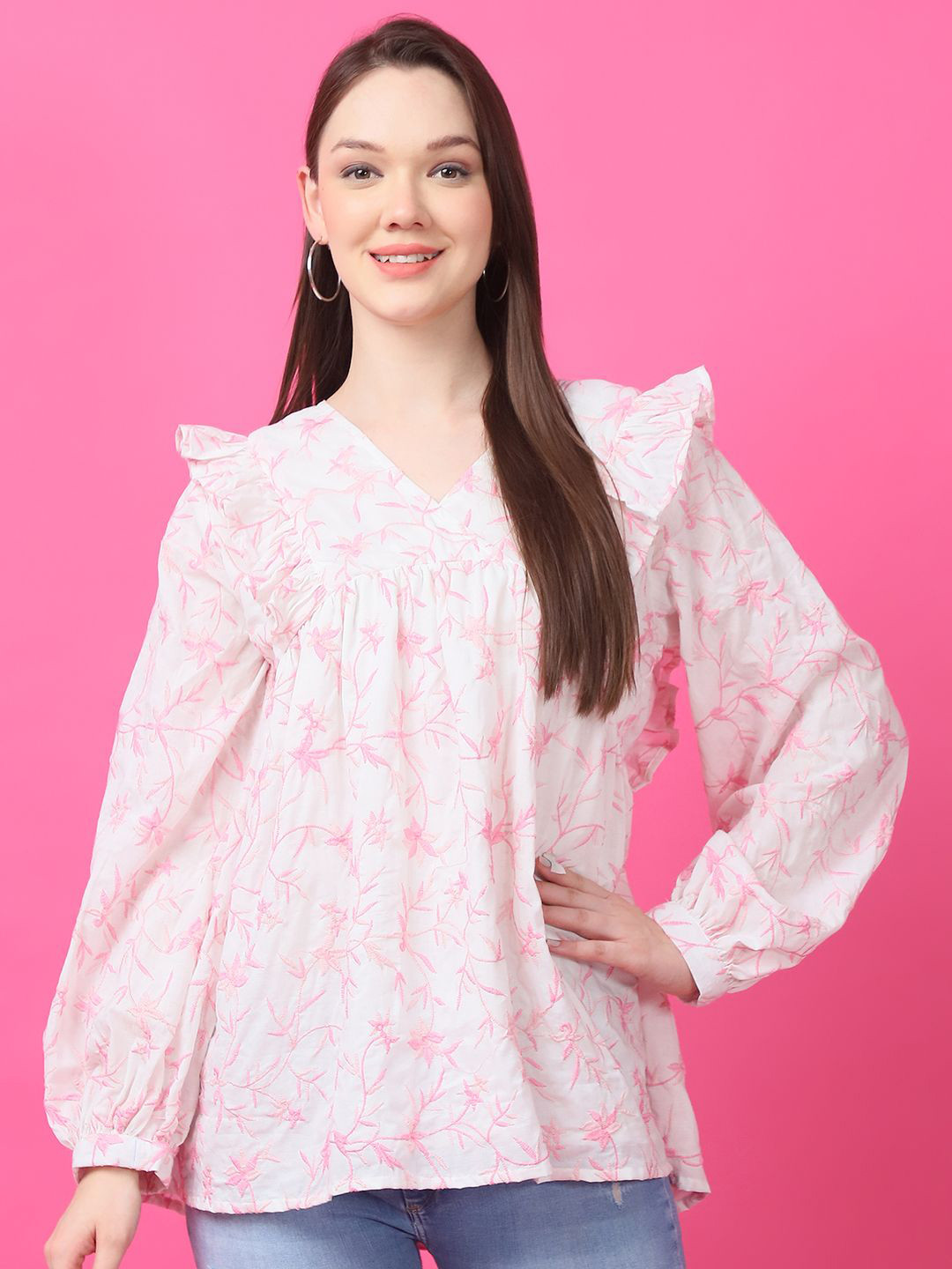 

JAKANARY Ethnic Motifs Print Ruffle Puff Sleeve Cotton Top, White