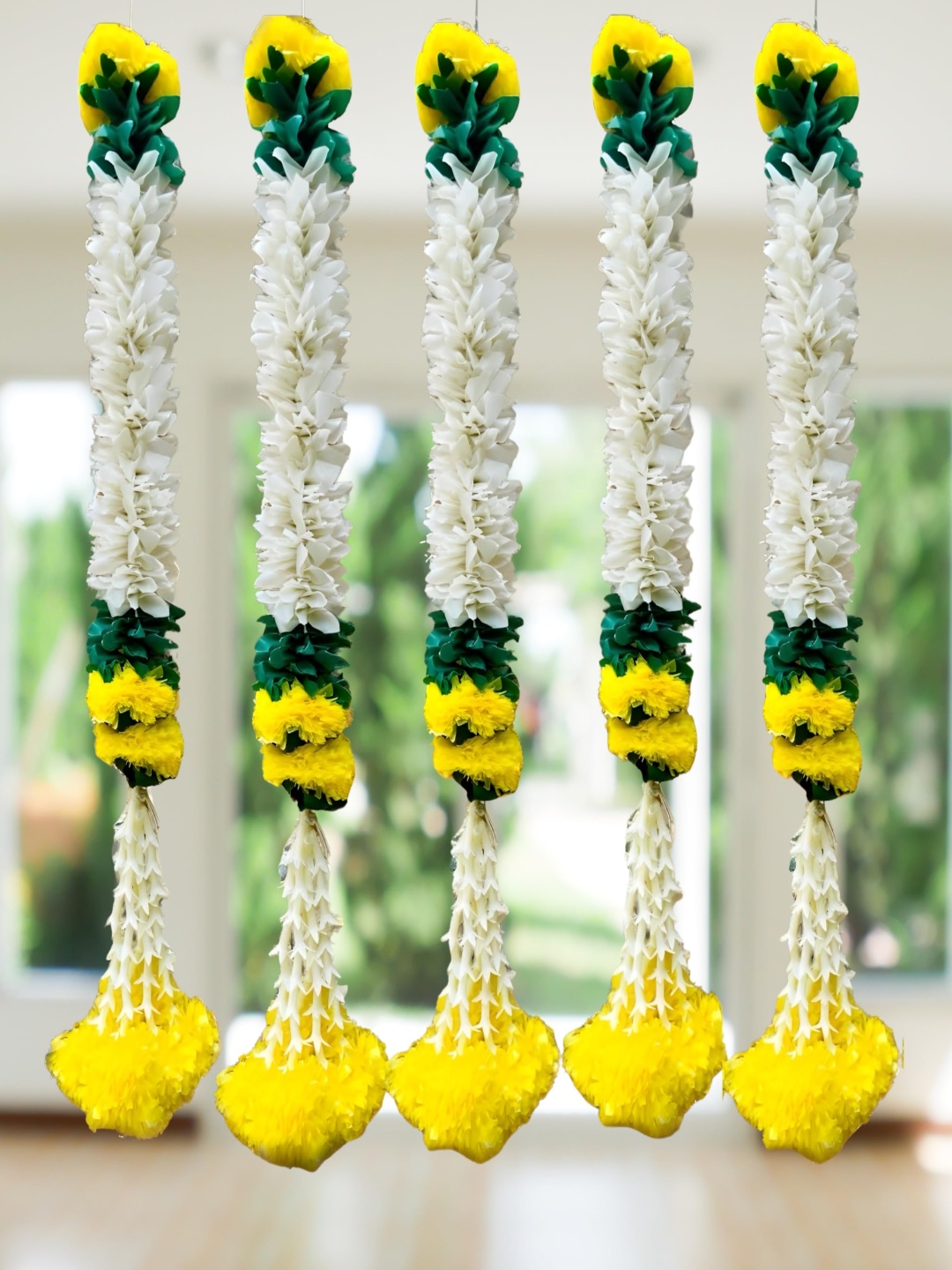 

RR Crafts White & Yellow 5 Pieces Jasmine Gajra Marigold Garland Toran Festive Decor