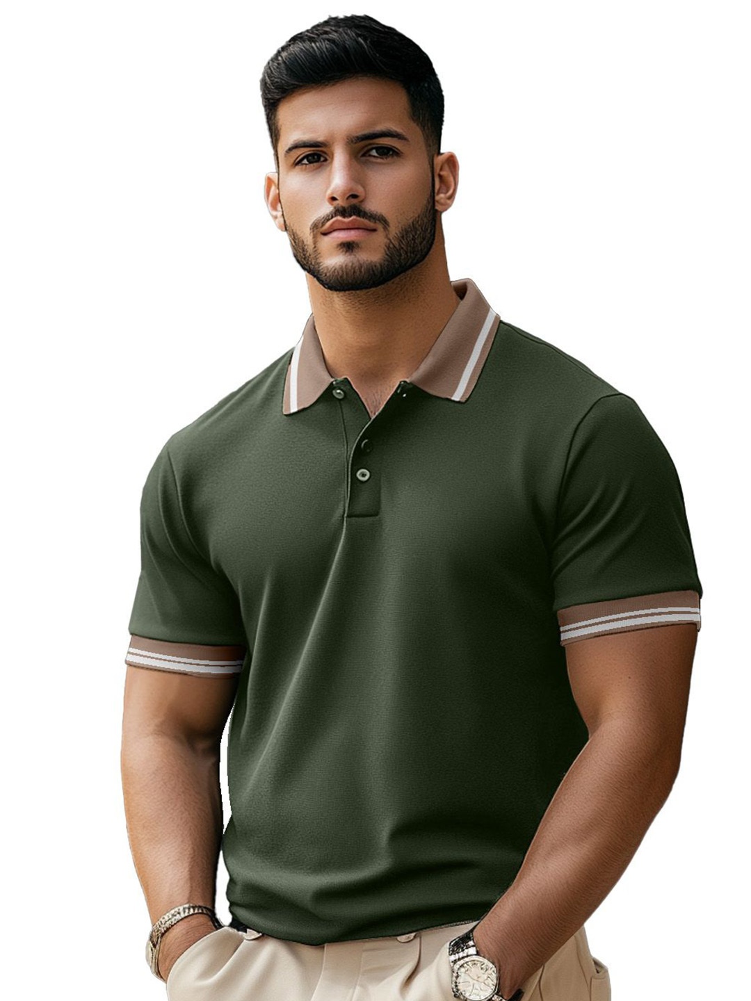 

VEIRDO Men Polo Collar T-shirt, Olive