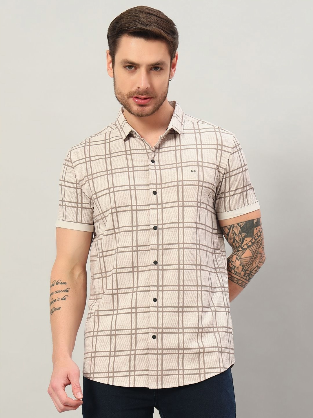 

PROFY Men Shepherd Checked Cotton Shirt, Beige