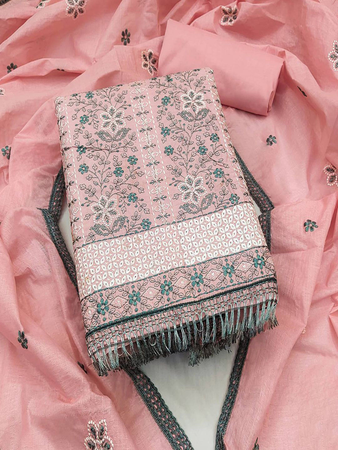 

Peachmode Floral Embroidered Thread Work Pure Cotton Unstitched Dress Material, Pink