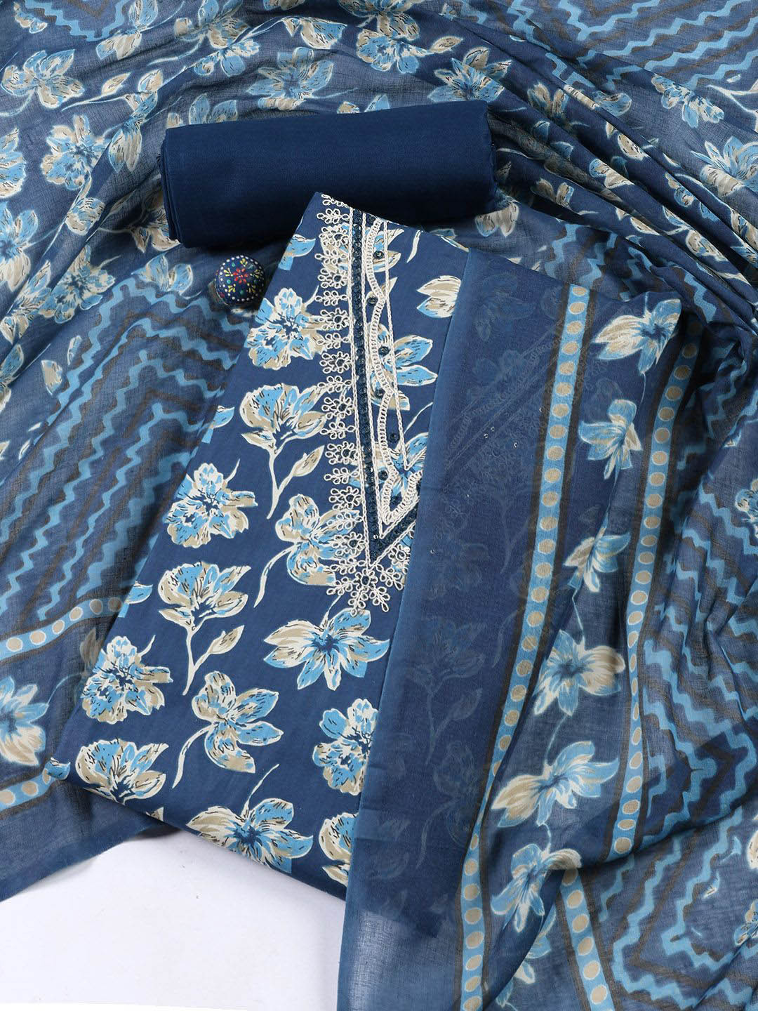 

Meena Bazaar Floral Printed Cotton Zari Unstitched Dress Material, Navy blue