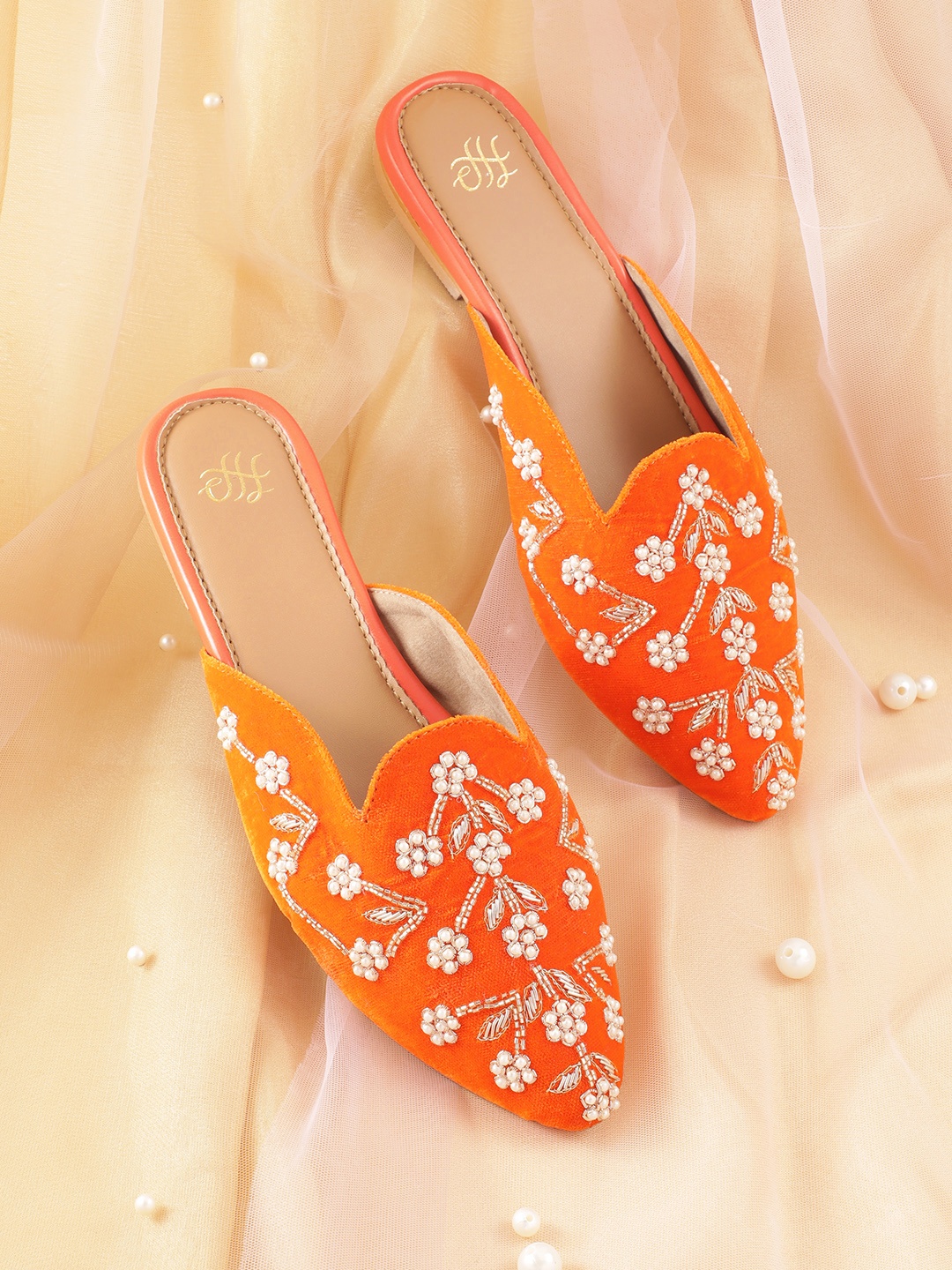 

House of Pataudi Women Ethnic Embellished Mules, Orange