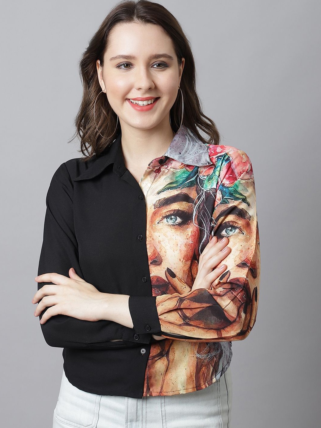 

JAKANARY Women Shirt Style Printed Top, Black