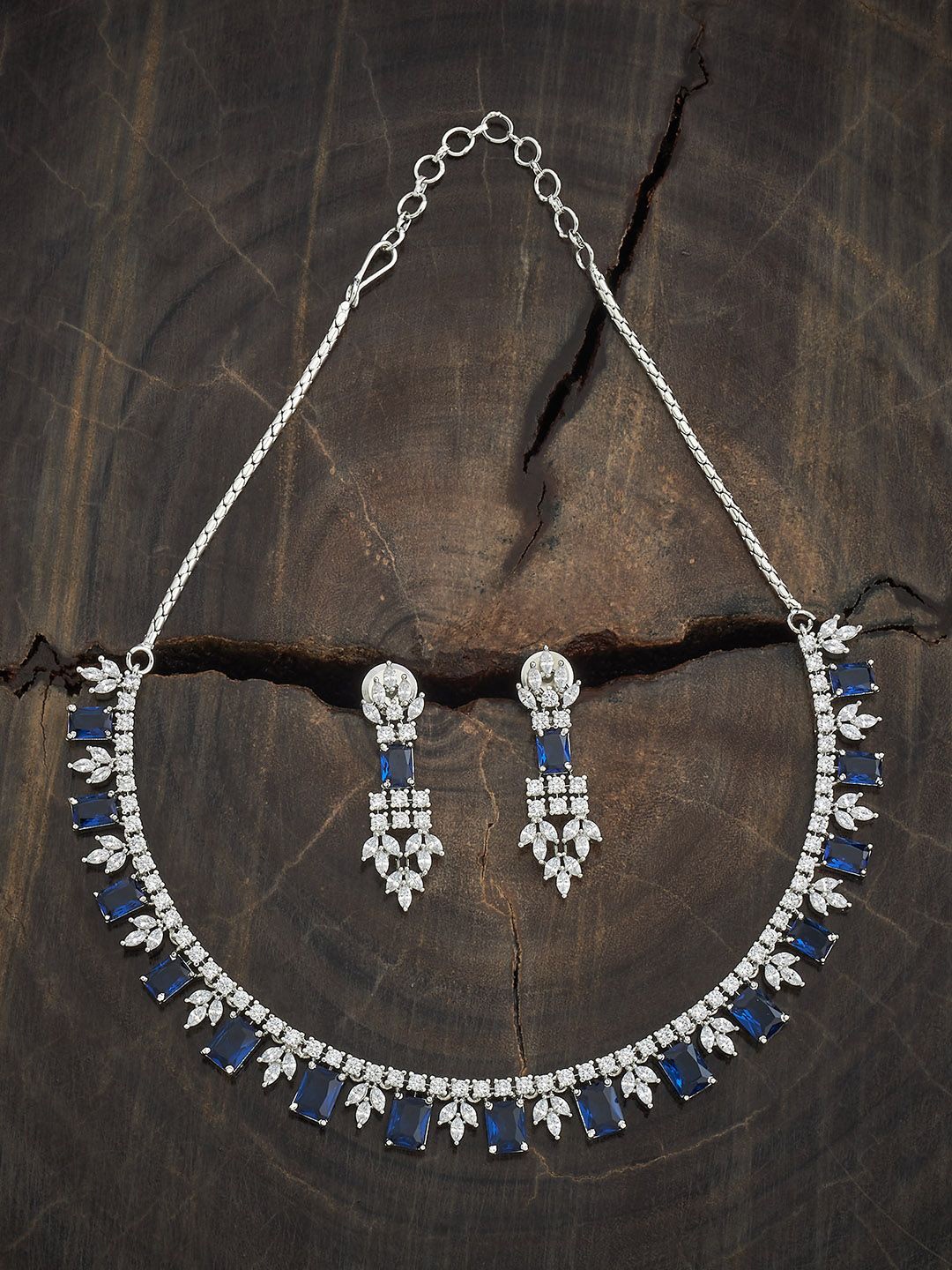

Kushal's Fashion Jewellery Sapphire Rhodium-Plated Zircon Studded Party Jewellery Set, Silver