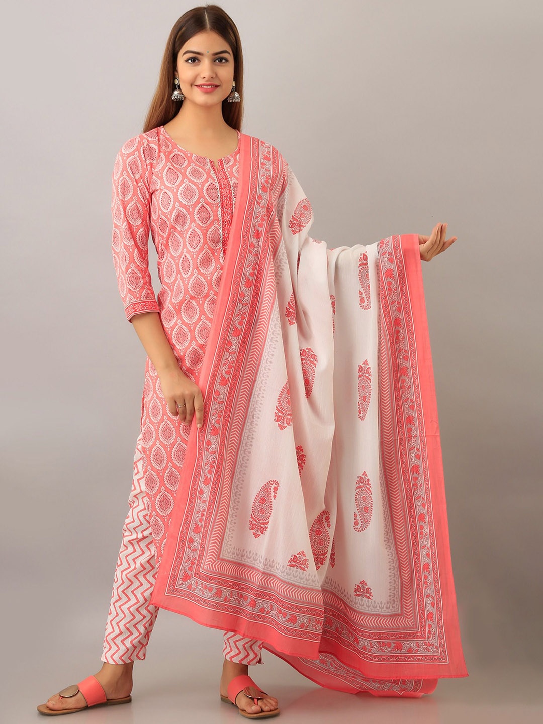

Prathmikta Ethnic Motifs Printed Pure Cotton Straight Kurta With Trousers & Dupatta, Pink