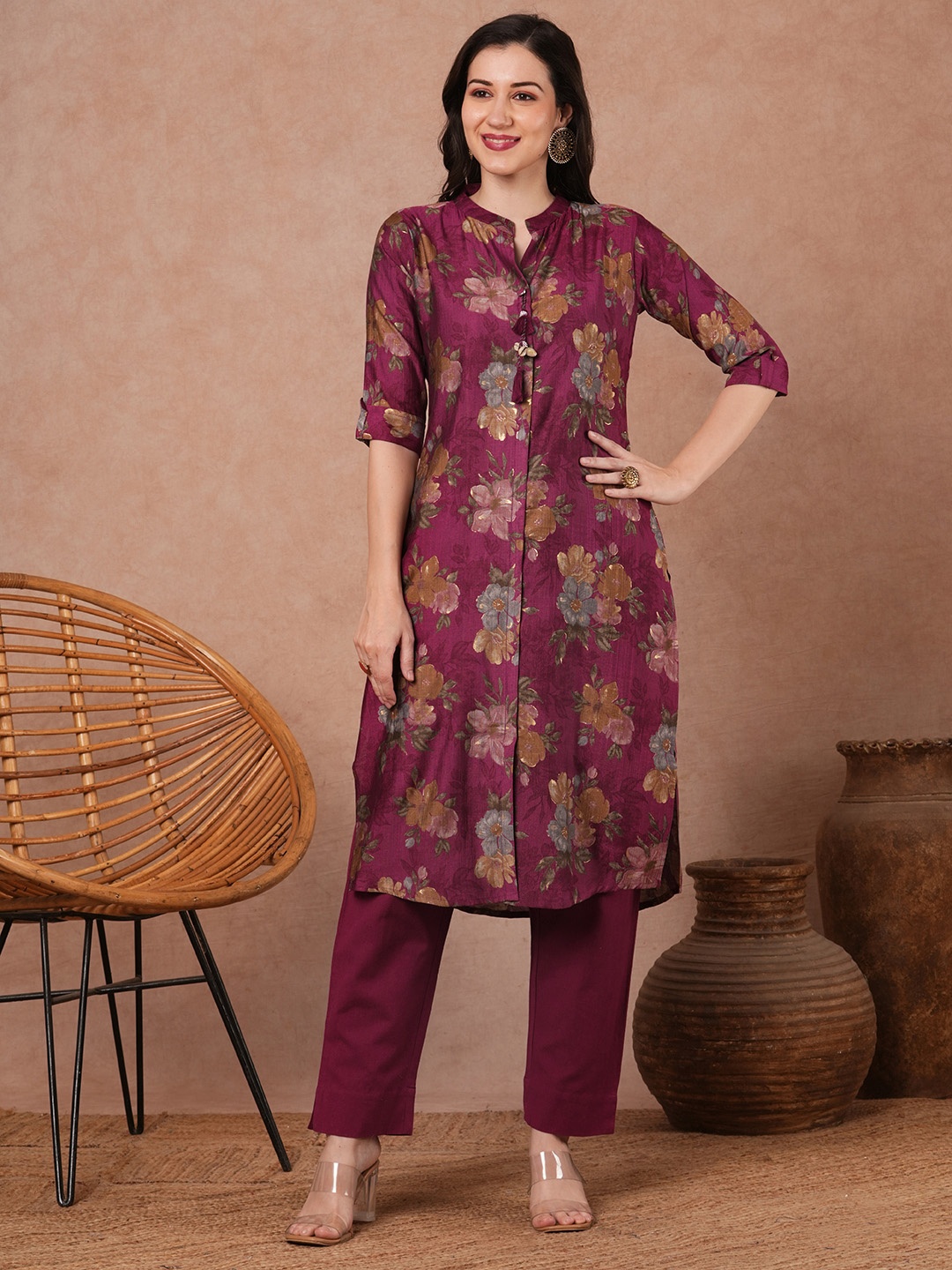 

FASHOR Floral Printed Mandarin Collar Straight Kurta, Burgundy