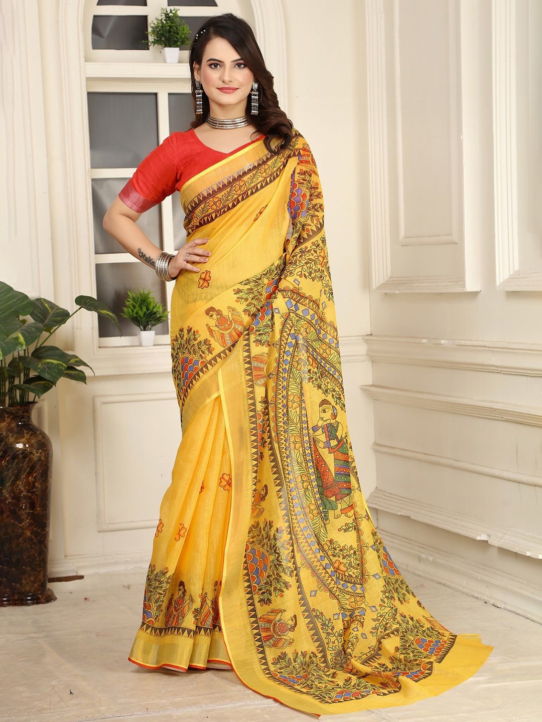 

ORUS Kalamkari Printed Pure Cotton Saree, Yellow