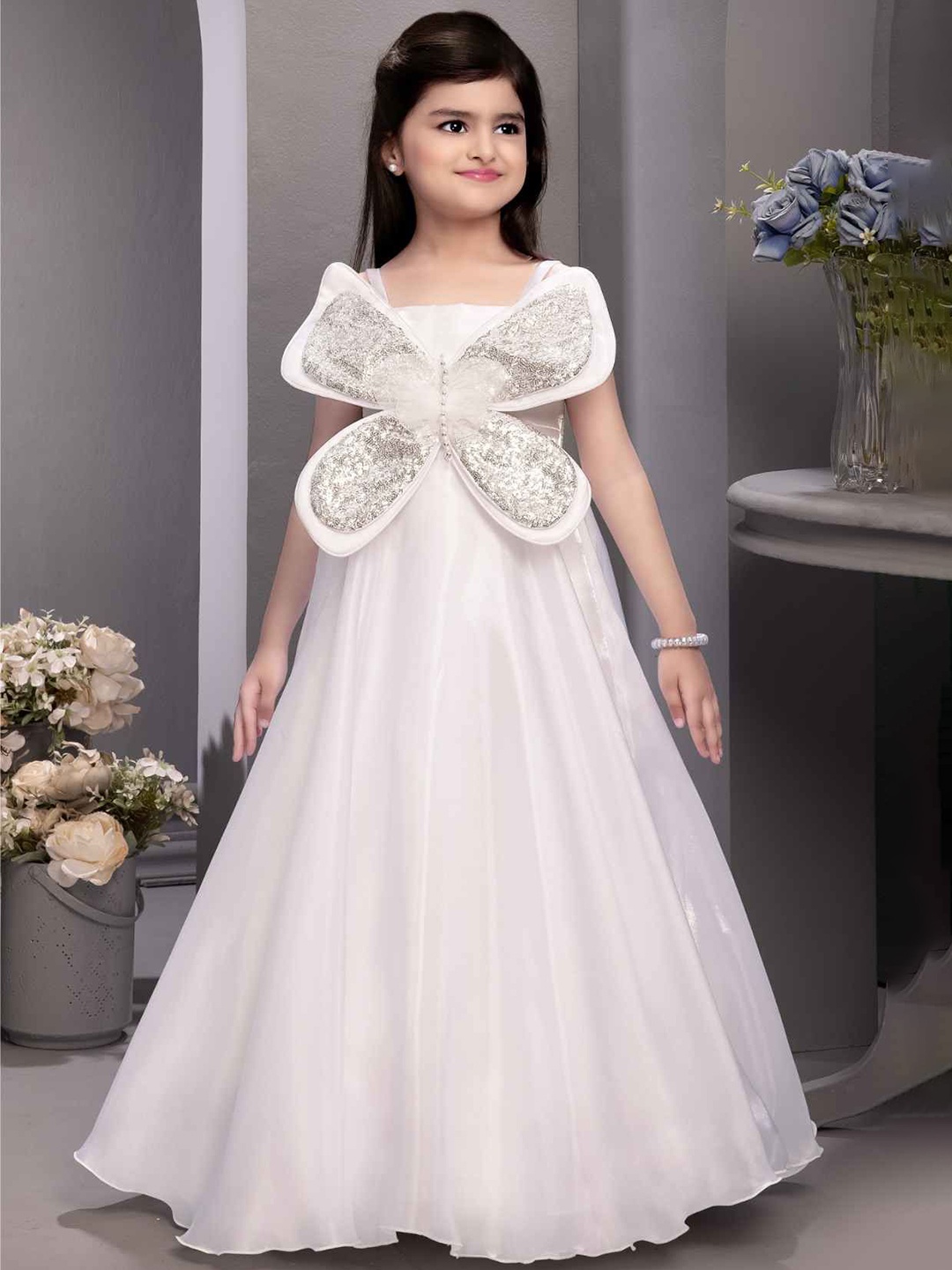 

Lagorii Girls Sleeveless And Butterfly Embellished Gown, White