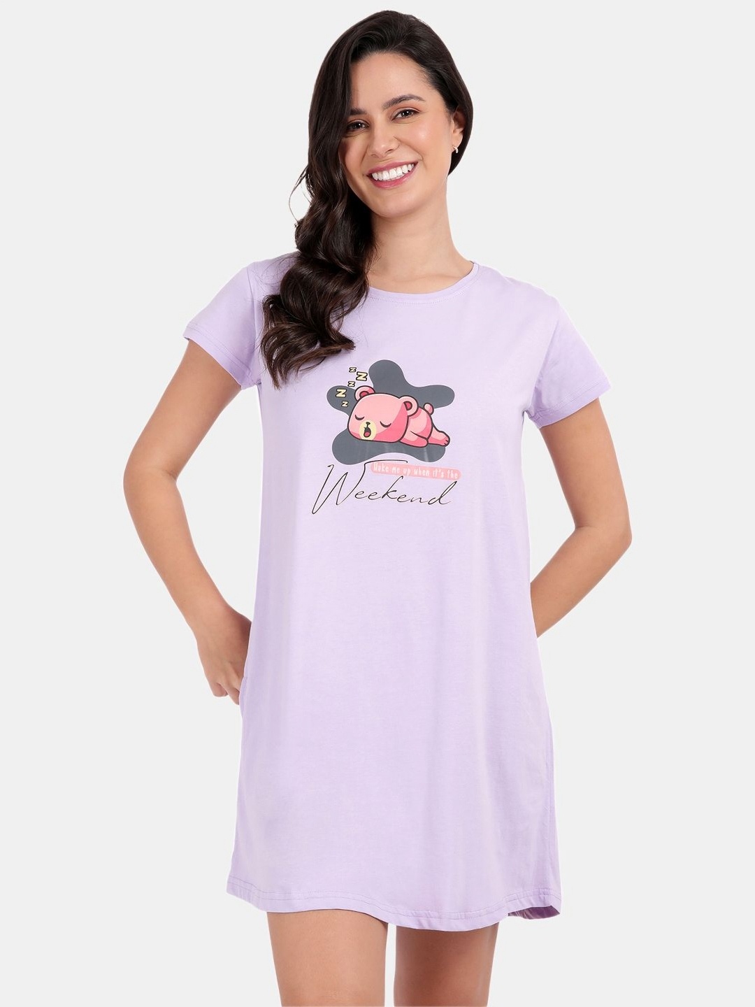 

SNAPPY B Typography Printed Round Neck Cotton Long T-shirt, Lavender