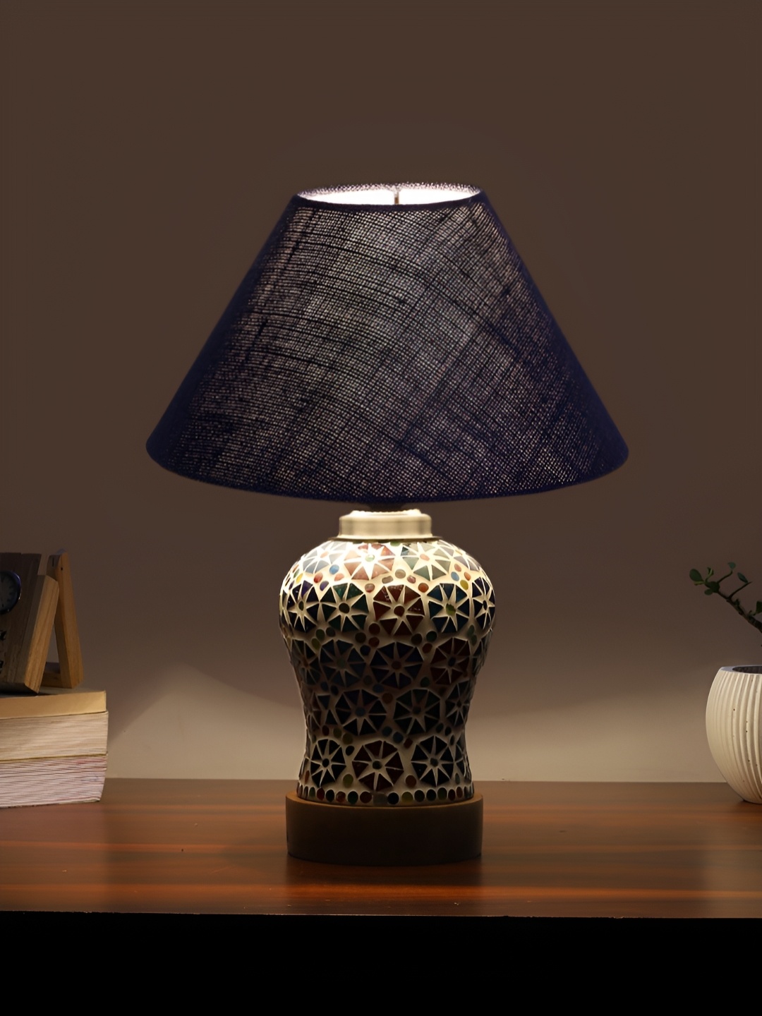 

Devansh Blue & White Printed Frustum Shaped Wooden Table Lamp