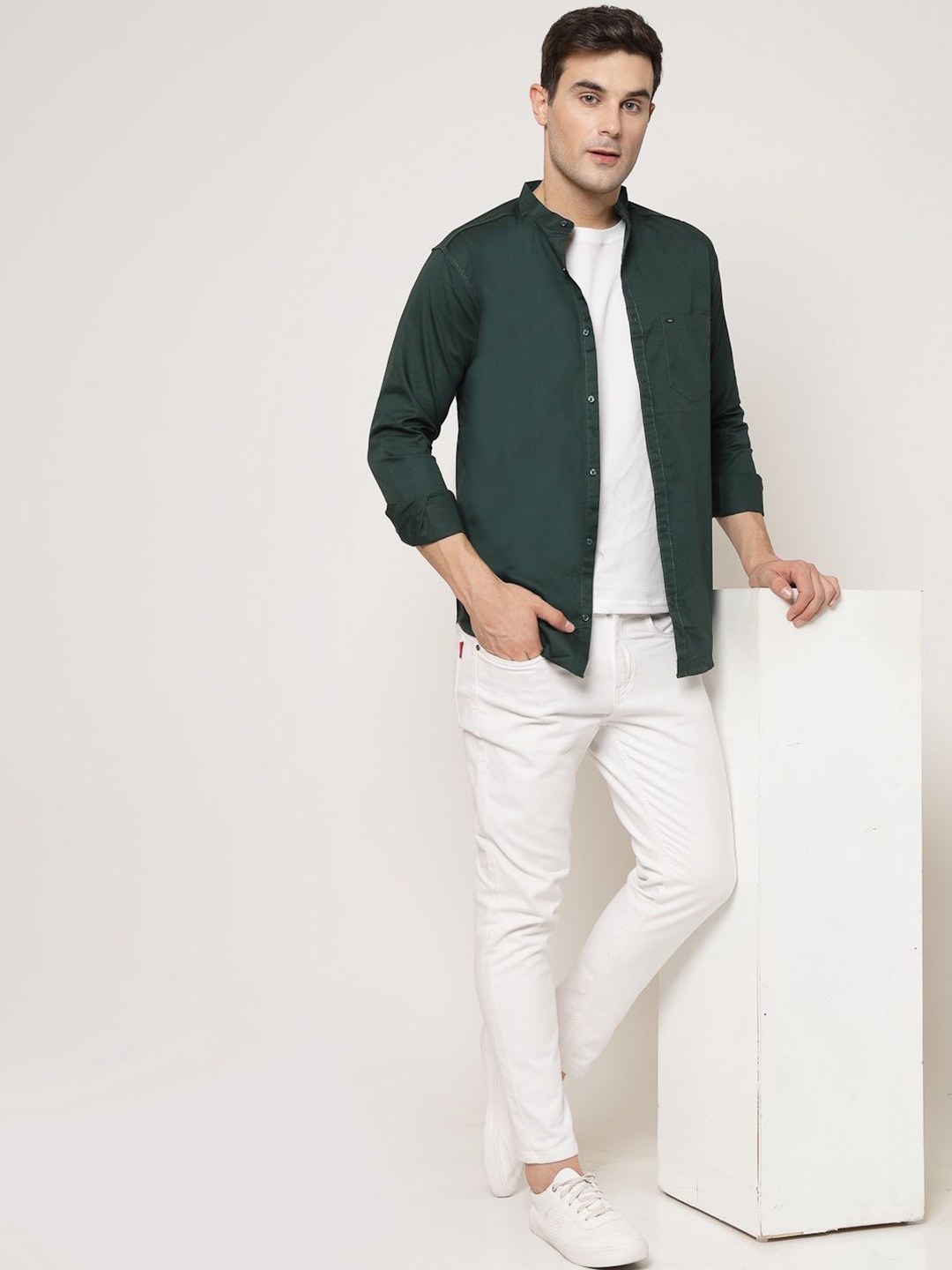 

Metronaut Classic Mandarin Collar Cotton Casual Shirt, Green