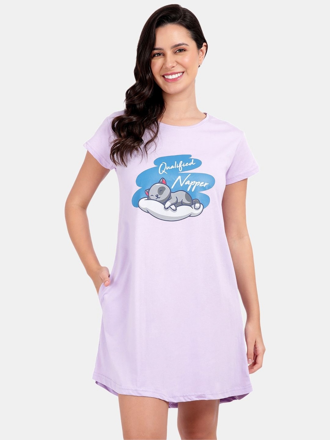

SNAPPY B Typography Printed Round Neck Cotton Long T-shirt, Lavender