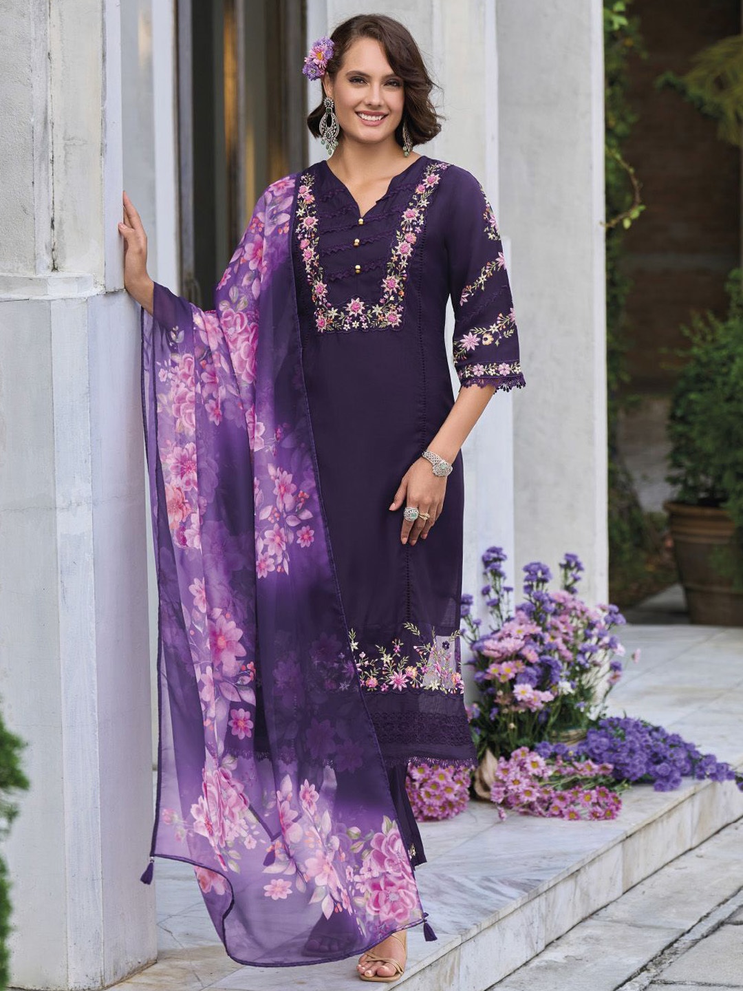 

Varanga Floral Embroidered Thread Work Pure Cotton Straight Kurta With Trousers & Dupatta, Purple