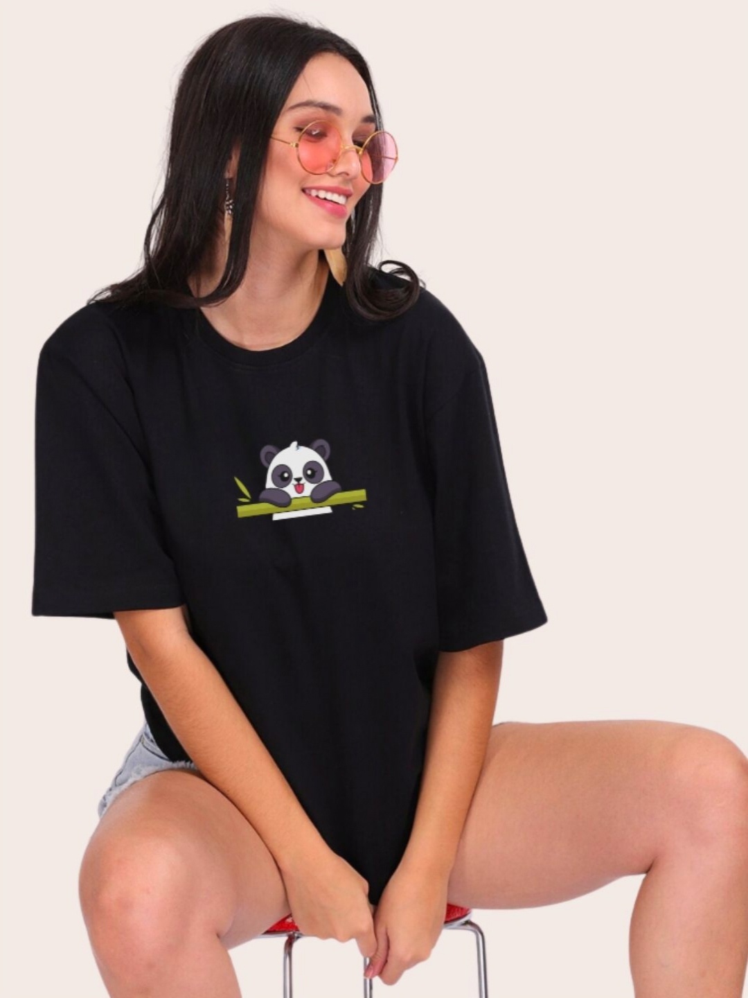 

URBANICE Graphic Printed Drop-Shoulder Sleeves Cotton Oversized T-shirt, Black