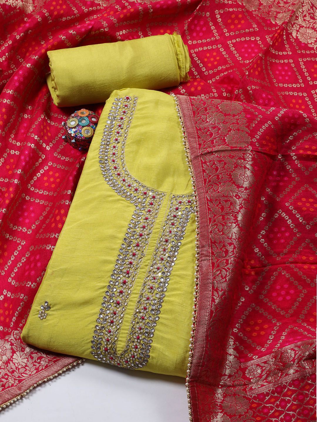 

Meena Bazaar Embroidered Art Silk Unstitched Dress Material, Yellow