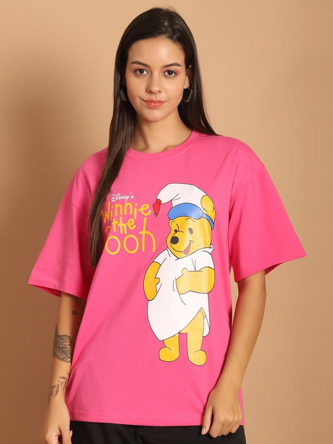 

Dreambe Typography Printed Drop-Shoulder Sleeves Pure Cotton Oversized T-shirt, Pink
