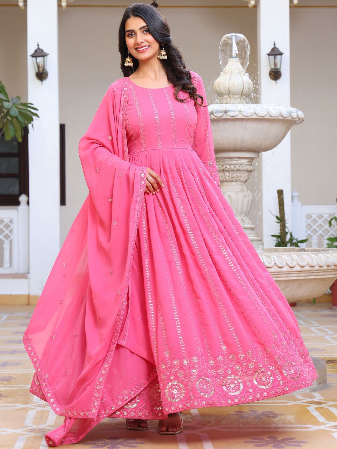 

KALINI Floral Embroidered Sequinned Anarkali Georgette Kurta With Pyjama And Dupatta, Pink