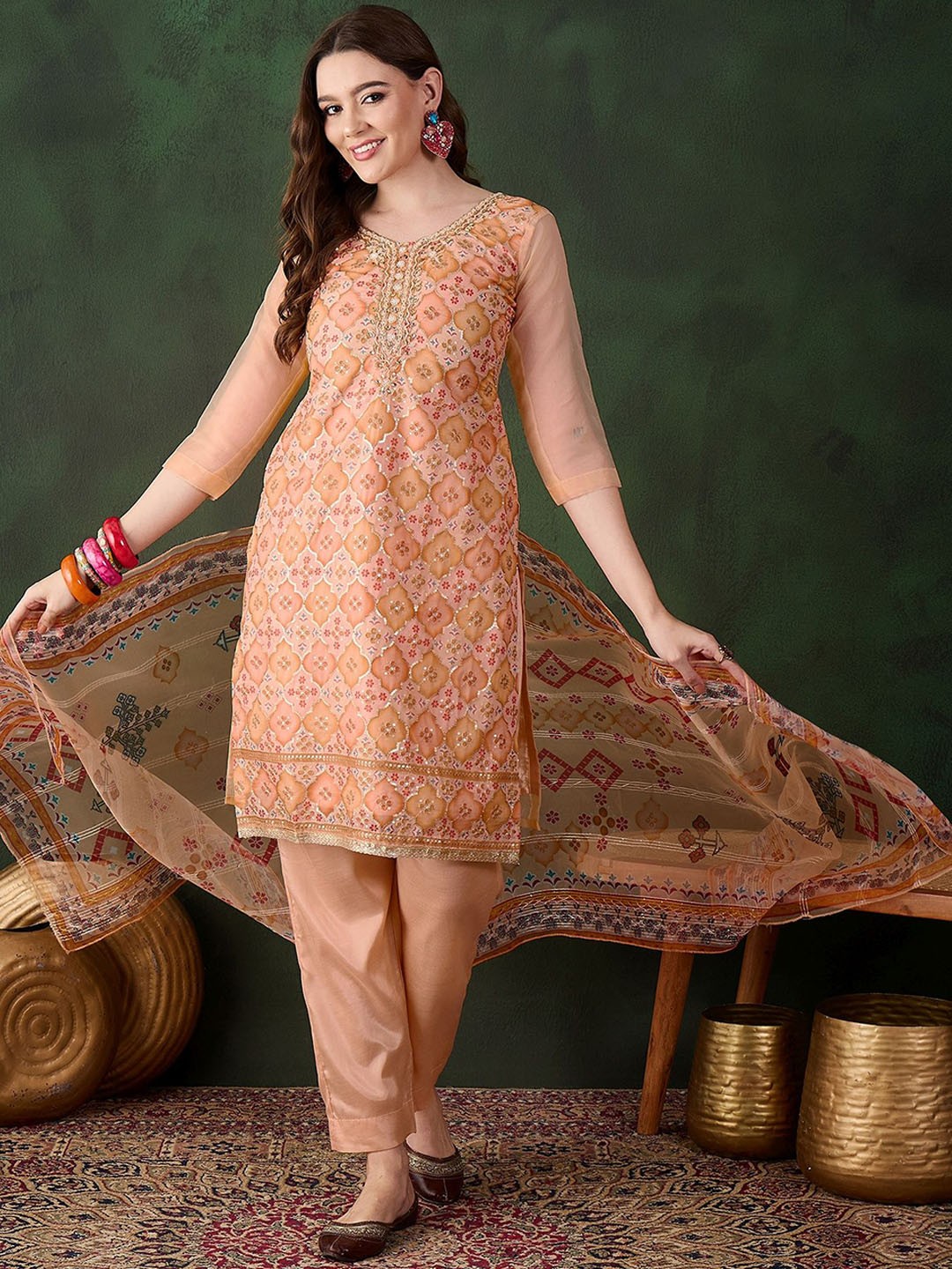 

SHADOW & SAINING Floral Printed Beads And Stones Organza Unstitched Dress Material, Orange