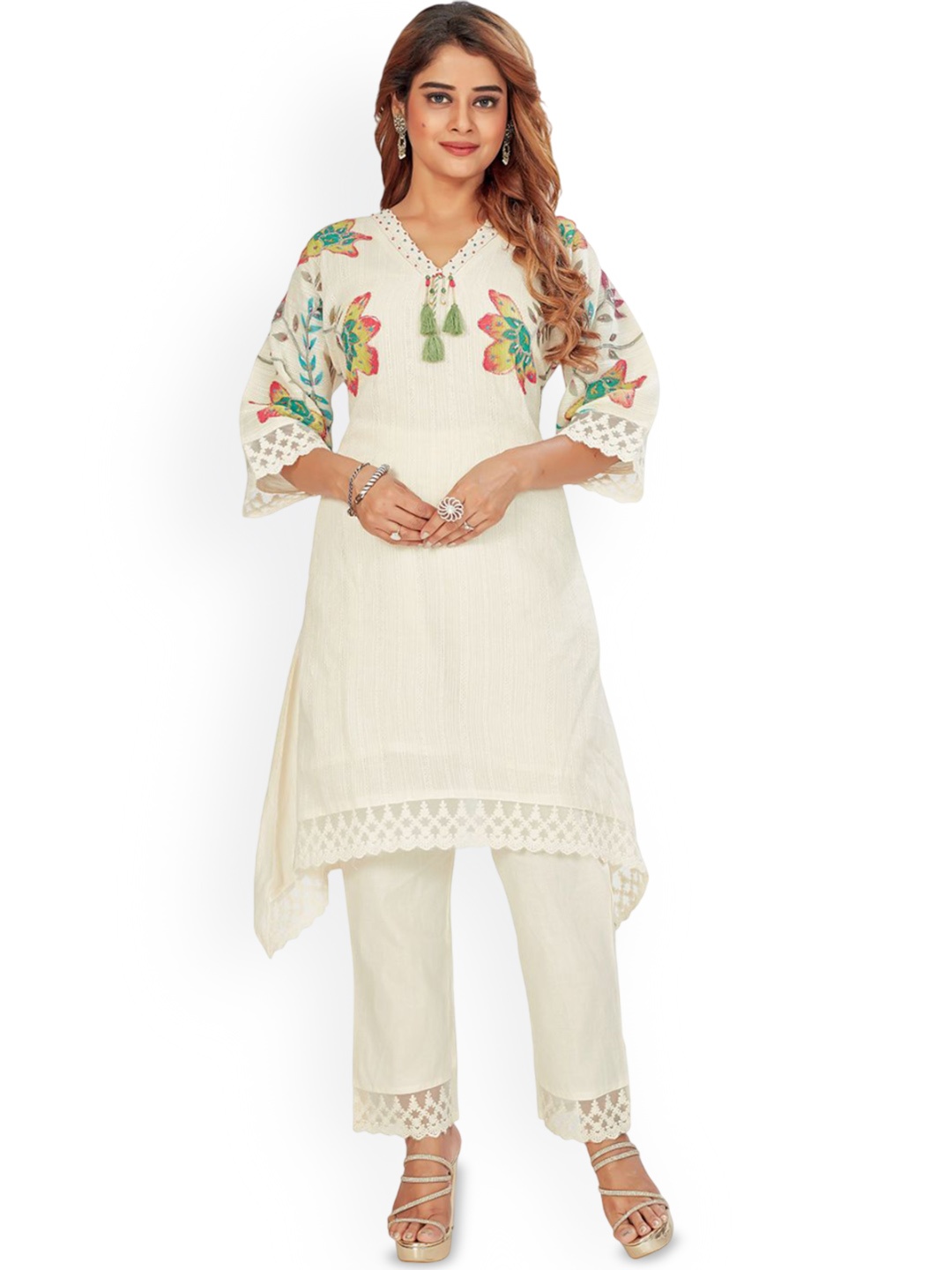 

Amchoor Women Floral Printed A-Line Kurta With Trousers, Yellow