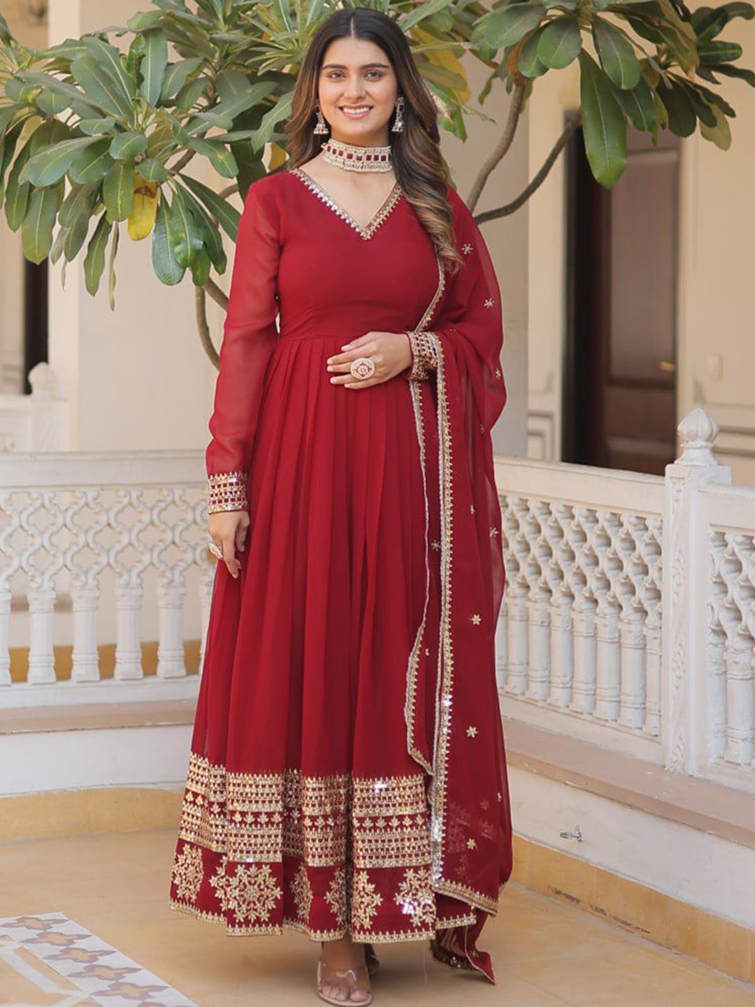 

ZIBLON Women Sequins Georgette Embroidered Work Gown With Dupatta, Maroon