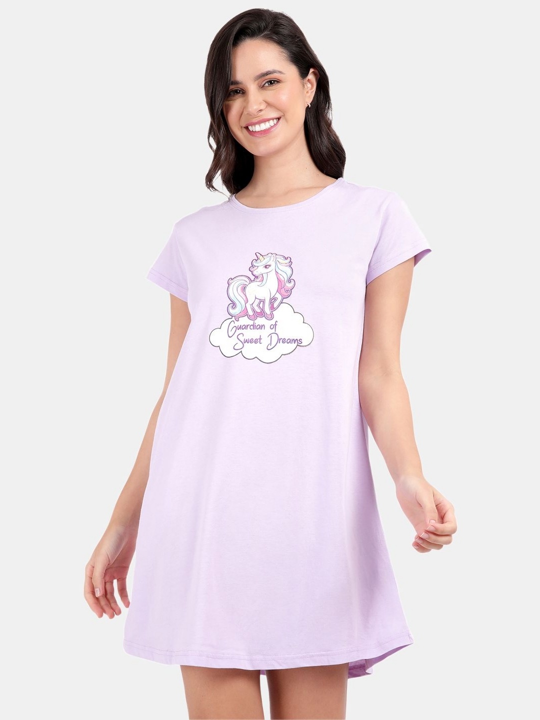 

SNAPPY B Graphic Printed Round Neck Cotton Long T-shirt, Lavender