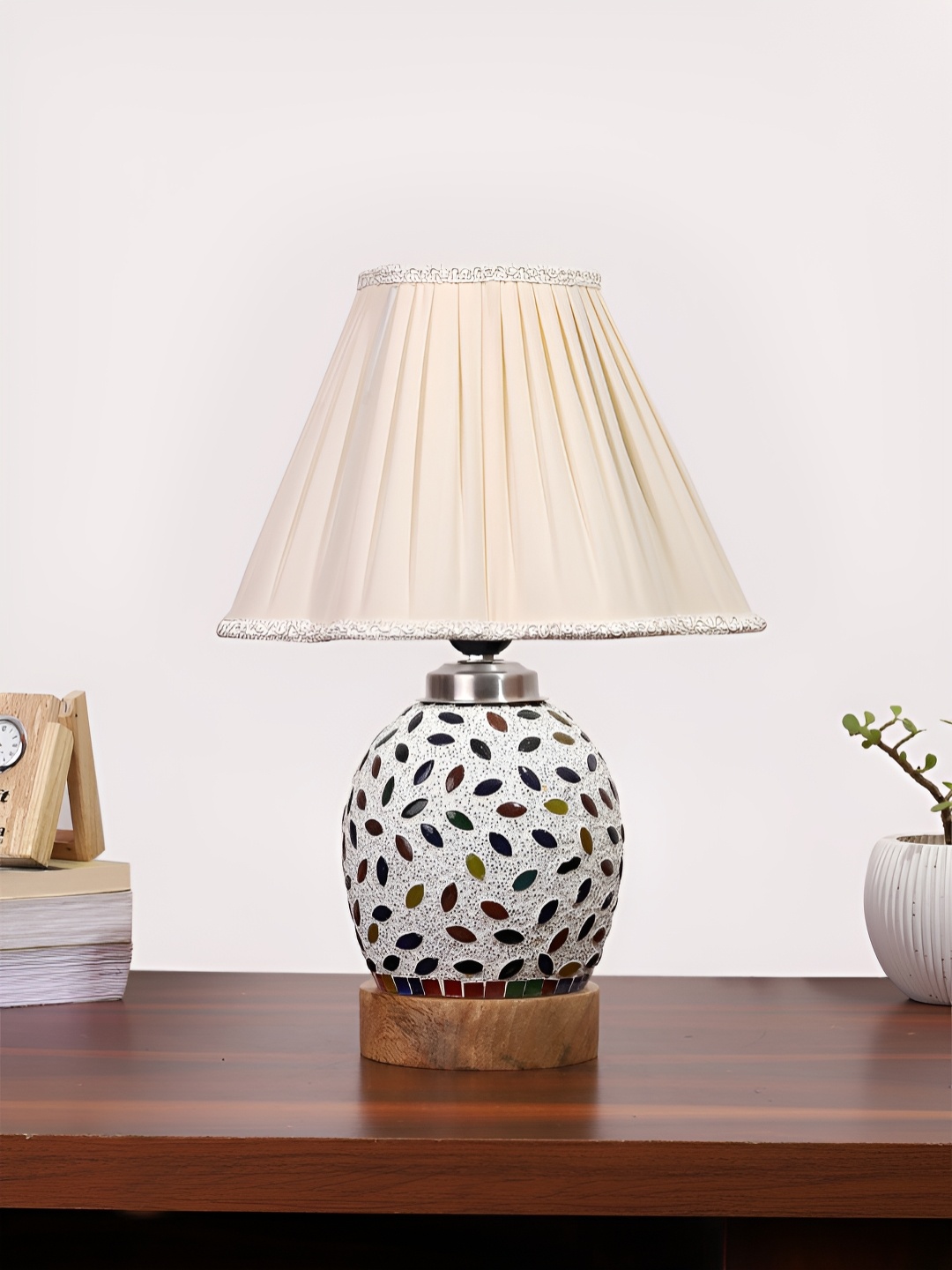 

Devansh Off White & Blue Printed Frustum Shaped Wooden Table Lamp