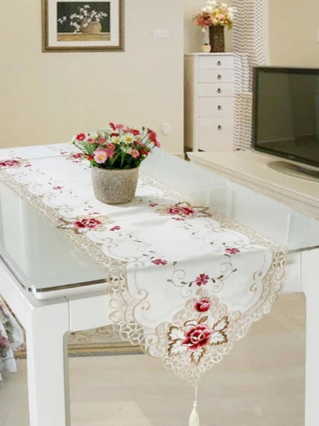 

MONKDECOR White & Red Floral Embroidered With Cut-Work Table Runner