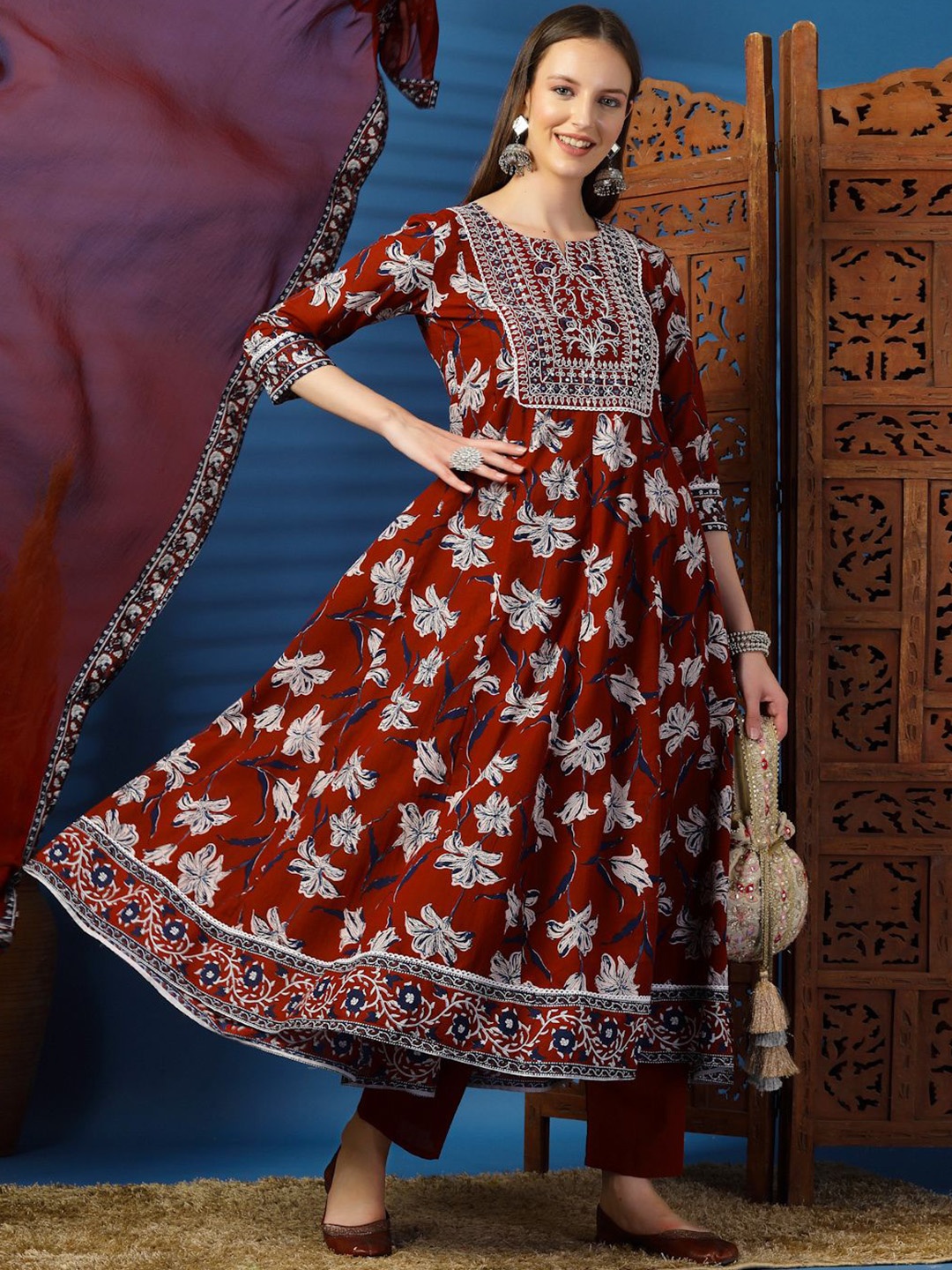 

Sangria Floral Embroidered Notch Neck Pure Cotton Anarkali Kurta With Trousers & Dupatta, Maroon