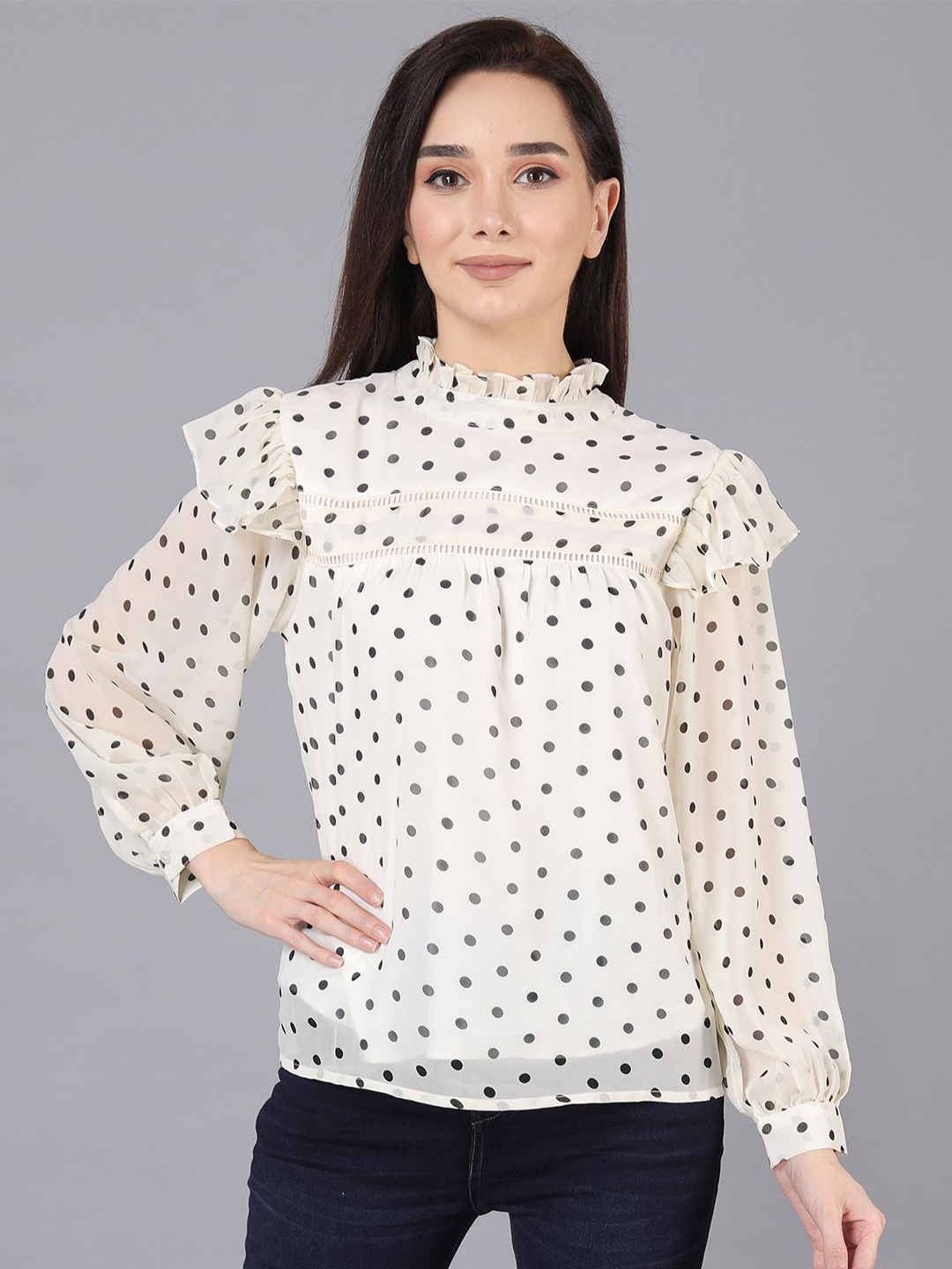 

JAKANARY Women Polka Dot Printed Top, Off white