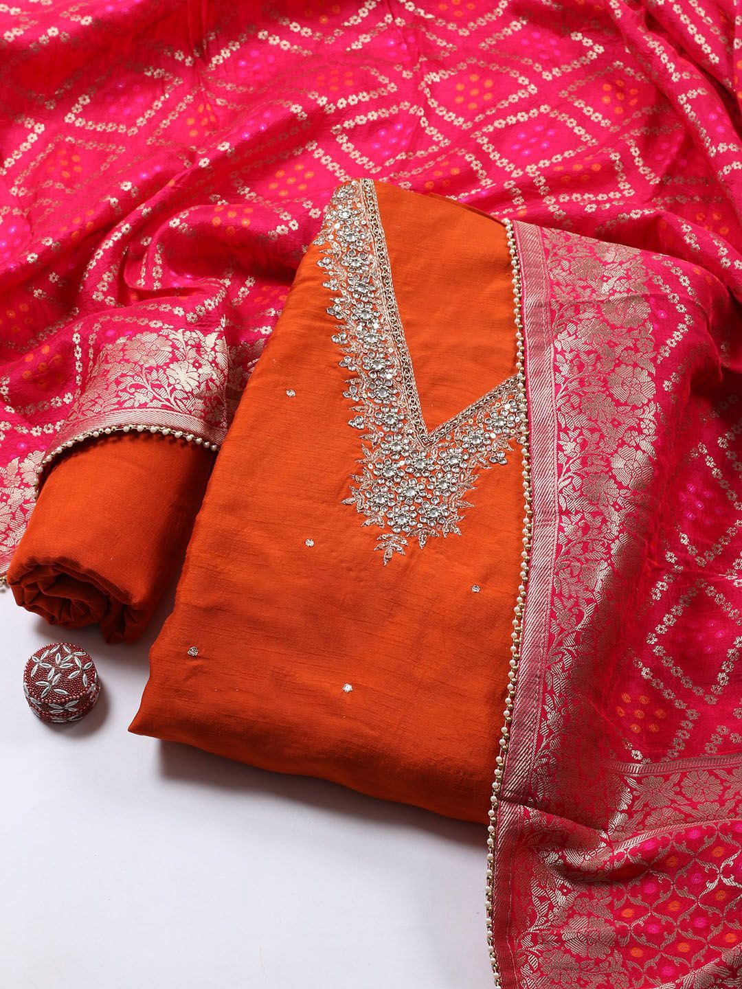 

Meena Bazaar Floral Embroidered Zari Chanderi Unstitched Dress Material, Orange