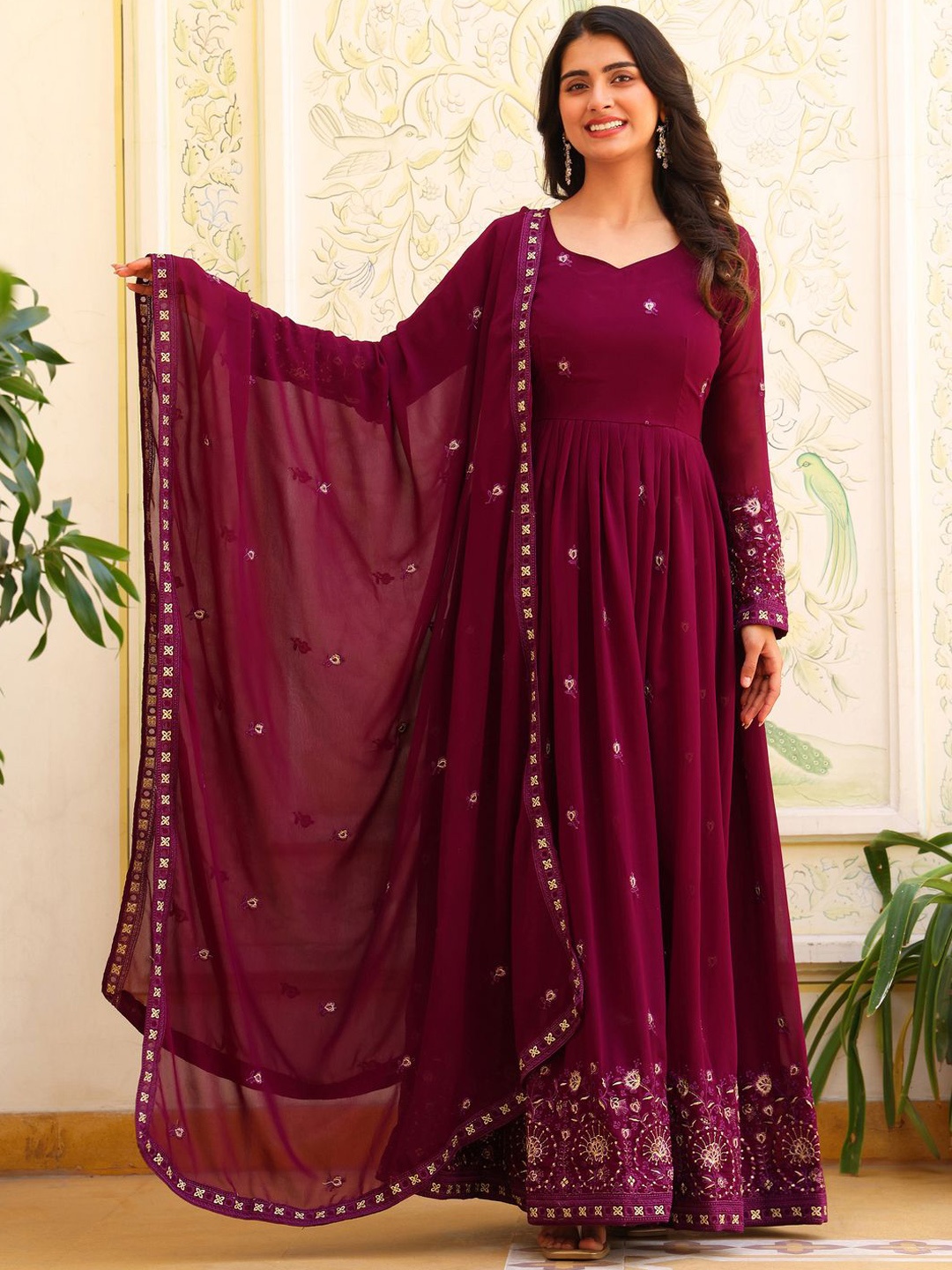 

KALINI Floral Embroidered Anarkali Silk Georgette Kurta With Pyjamas And Dupatta, Purple