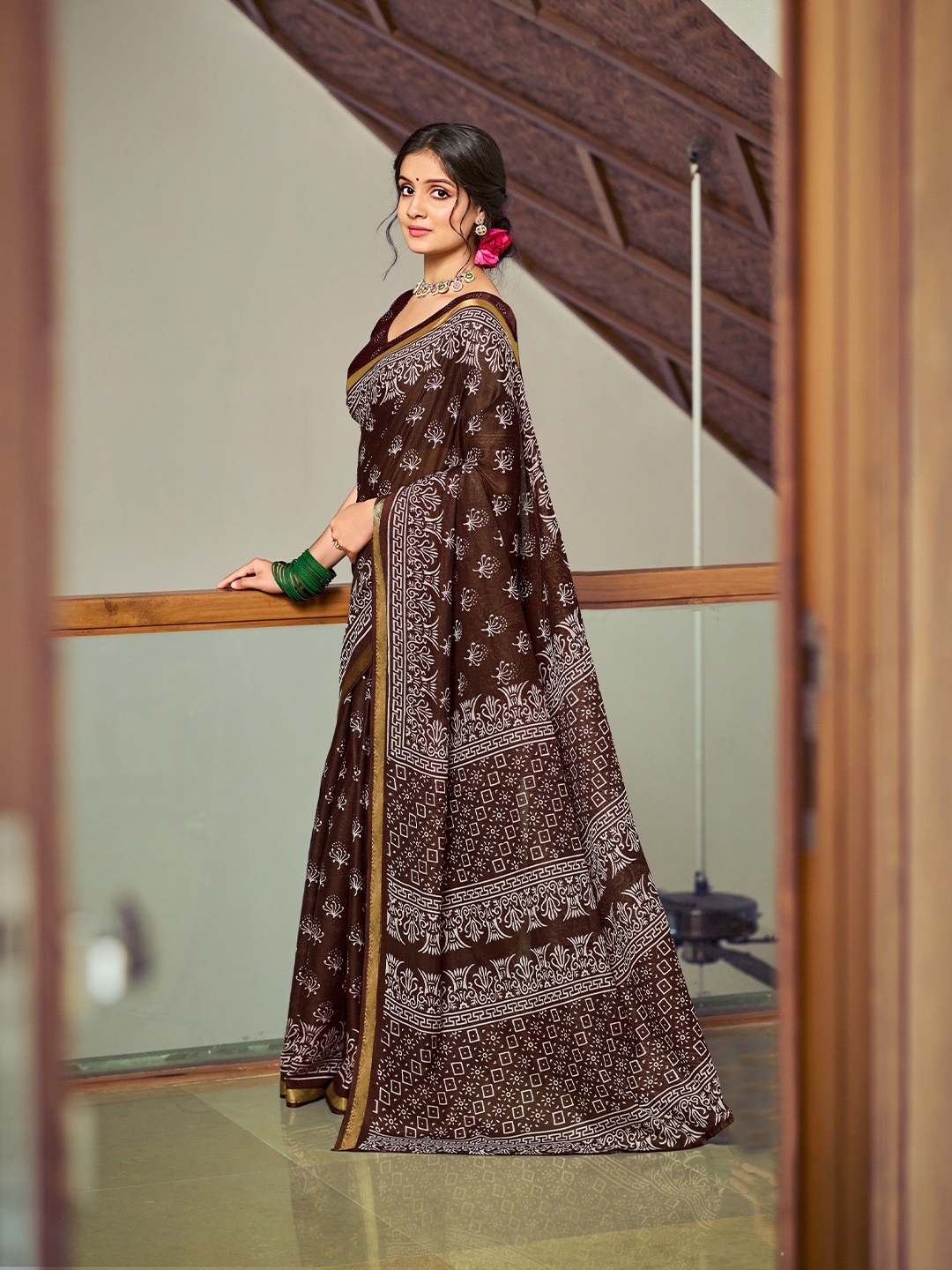 

VEECHIS Ethnic Motifs Zari Pure Cotton Saree, Brown